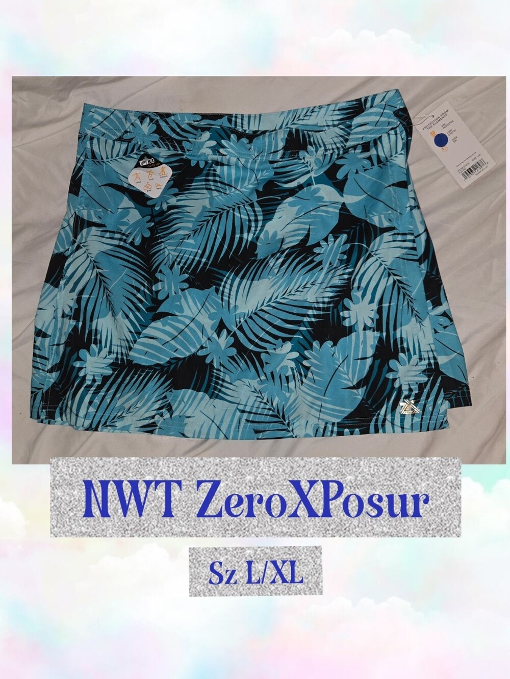 NWT ZeroXPosur Blue Tropical Swim Coverup Skort Sz L/XL